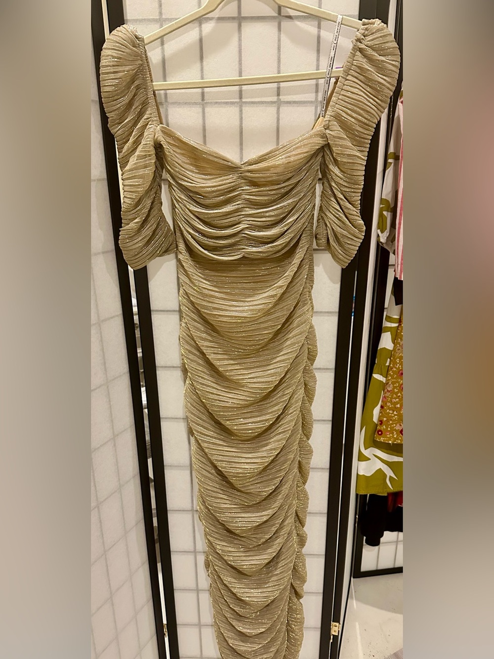 MISS CIRCLE SORREL GOLD RUCHED CHIFFON LONG MAXI DRESS